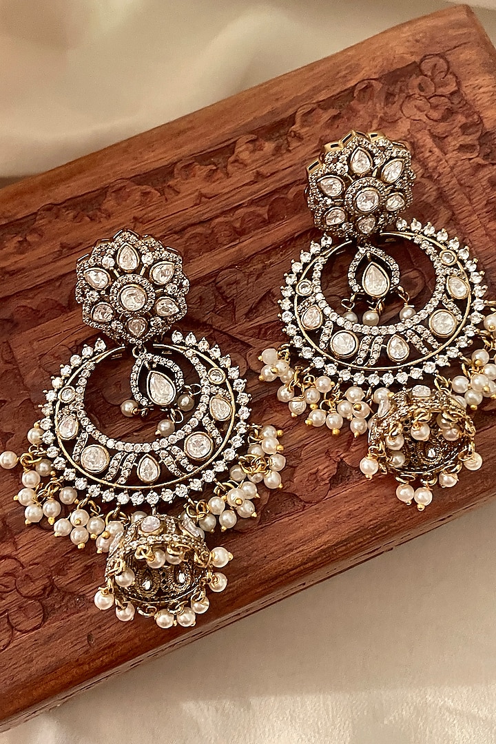 Gold Finish White Kundan Polki Chandbali Earrings by Saga Jewels at Pernia's Pop Up Shop