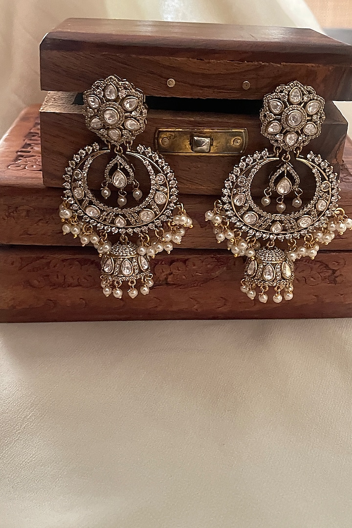 Gold Finish White Kundan Polki Chandbali Earrings by Saga Jewels at Pernia's Pop Up Shop