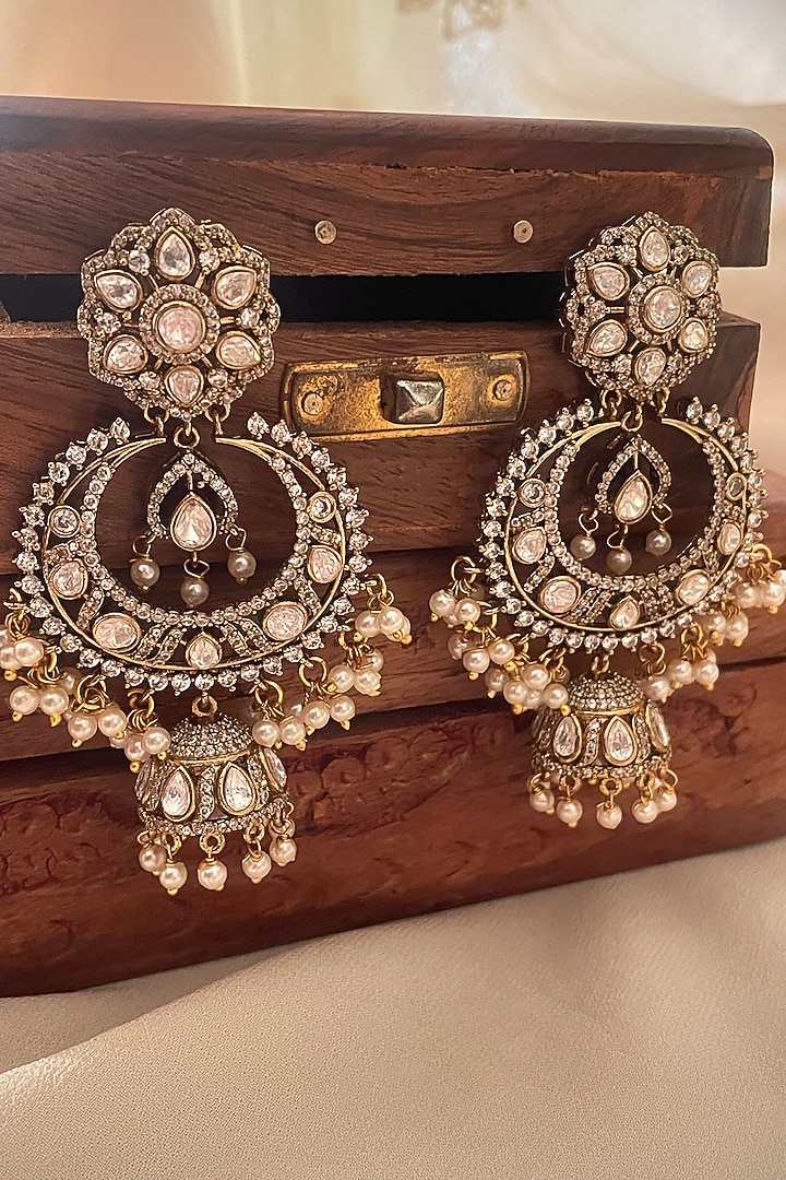 Gold Finish White Kundan Polki Chandbali Earrings by Saga Jewels at Pernia's Pop Up Shop