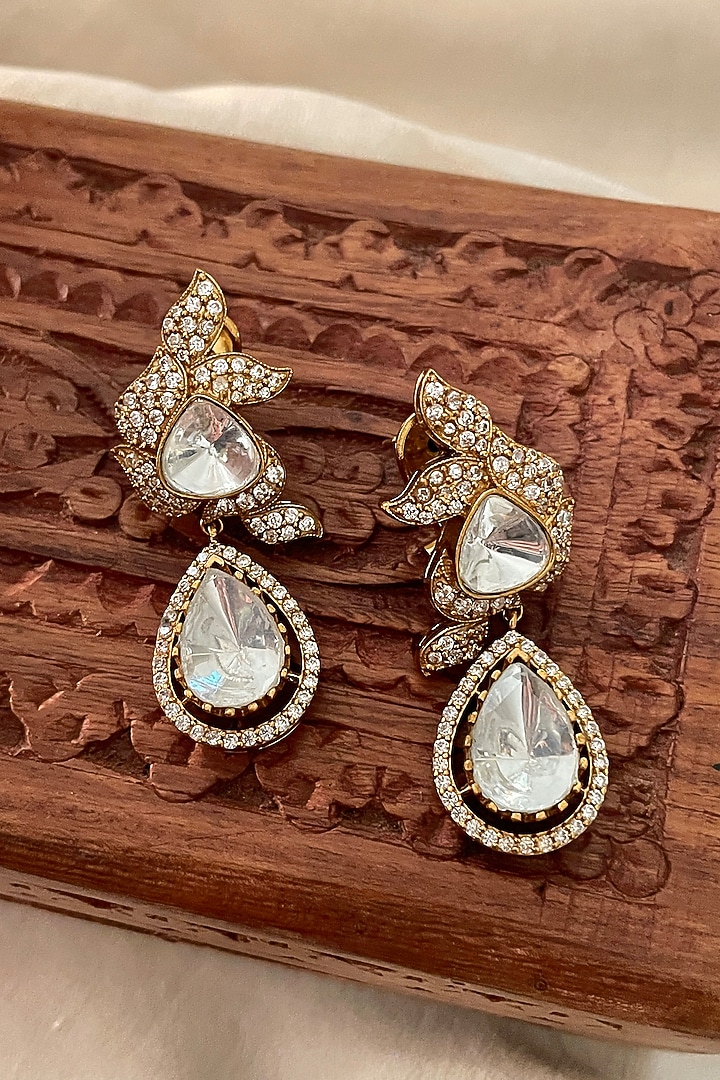 Gold Finish Kundan Polki Stud Earrings by Saga Jewels at Pernia's Pop Up Shop