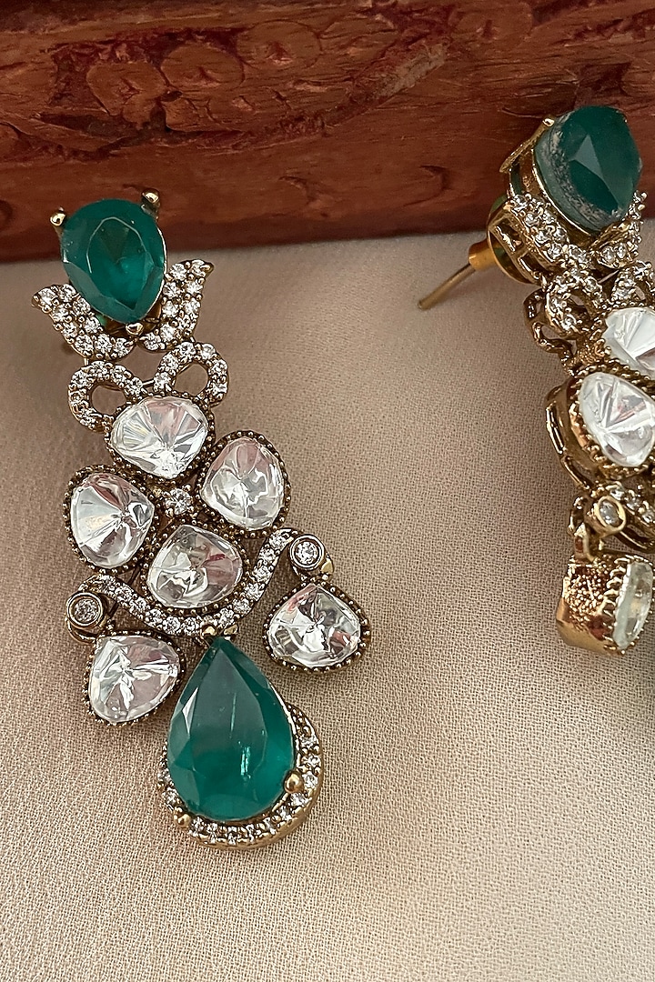 Gold Finish Emerald Stone & Kundan Polki Dangler Earrings by Saga Jewels at Pernia's Pop Up Shop