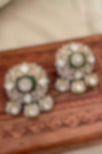 Gold Finish Emerald Stone & Kundan Polki Stud Earrings by Saga Jewels at Pernia's Pop Up Shop