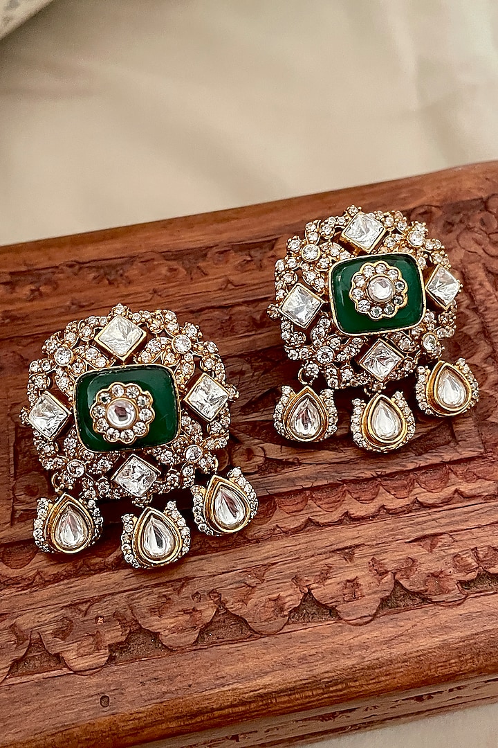 Gold Finish Emerald Stone & Kundan Polki Stud Earrings by Saga Jewels at Pernia's Pop Up Shop