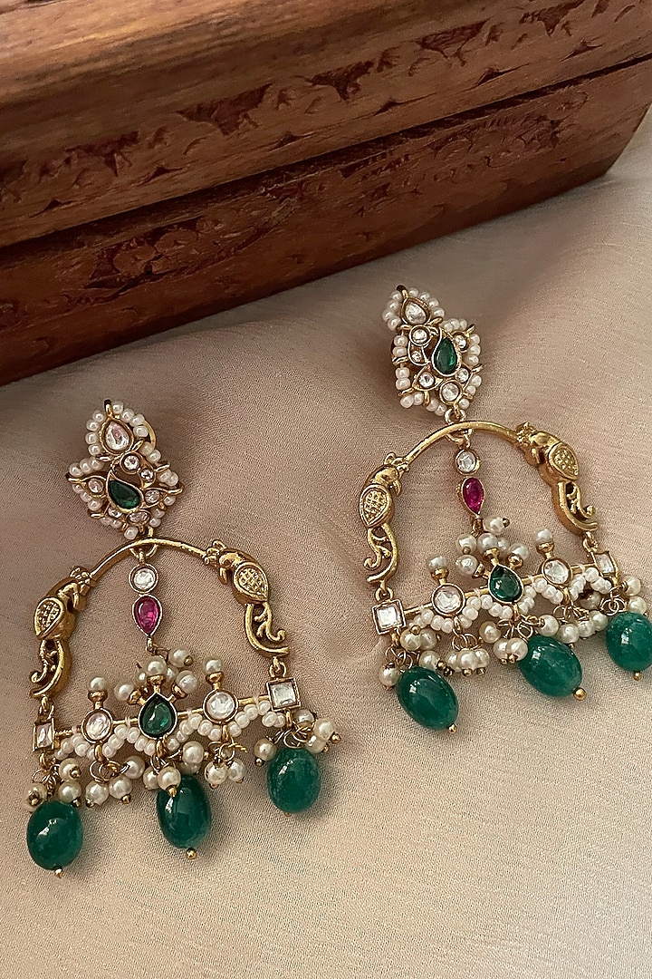 Gold Finish Multi-Colored Stone & Kundan Polki Dangler Earrings by Saga Jewels at Pernia's Pop Up Shop