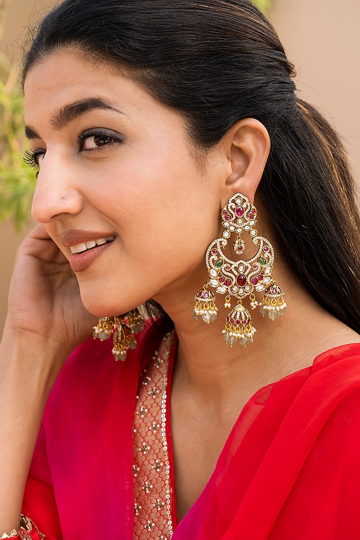 Gold Finish Green Beaded & Kundan Polki Chandbali Earrings by Saga Jewels at Pernia's Pop Up Shop