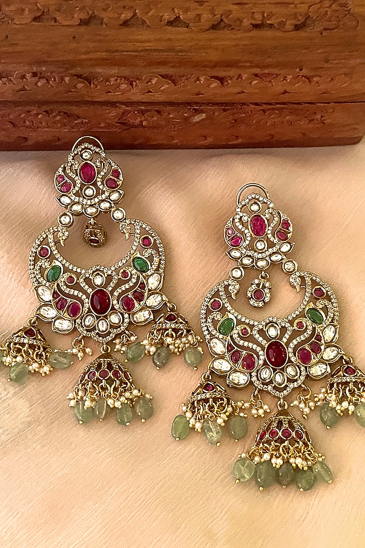 Gold Finish Green Beaded & Kundan Polki Chandbali Earrings by Saga Jewels at Pernia's Pop Up Shop