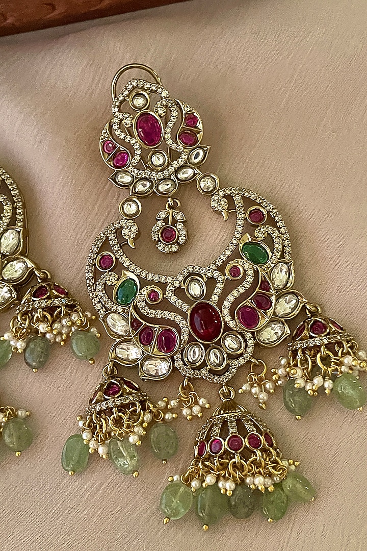 Gold Finish Green Beaded & Kundan Polki Chandbali Earrings by Saga Jewels at Pernia's Pop Up Shop