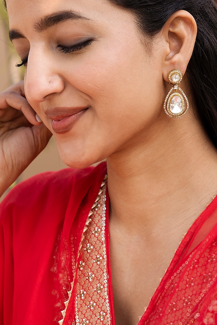 Gold Finish Kundan Polki & Zircon Dangler Earrings by Saga Jewels at Pernia's Pop Up Shop
