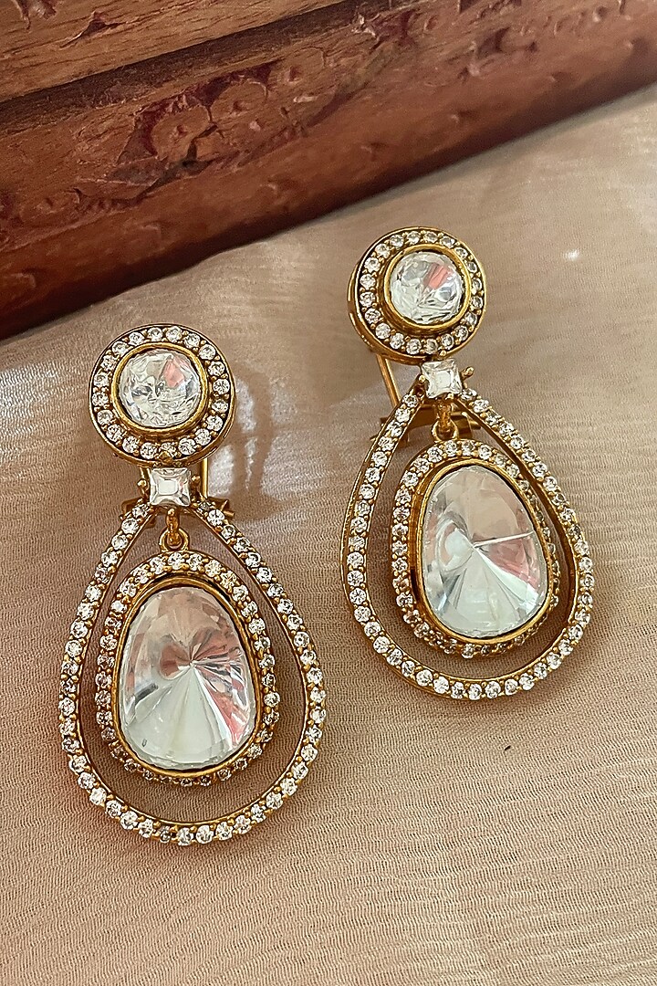 Gold Finish Kundan Polki & Zircon Dangler Earrings by Saga Jewels at Pernia's Pop Up Shop