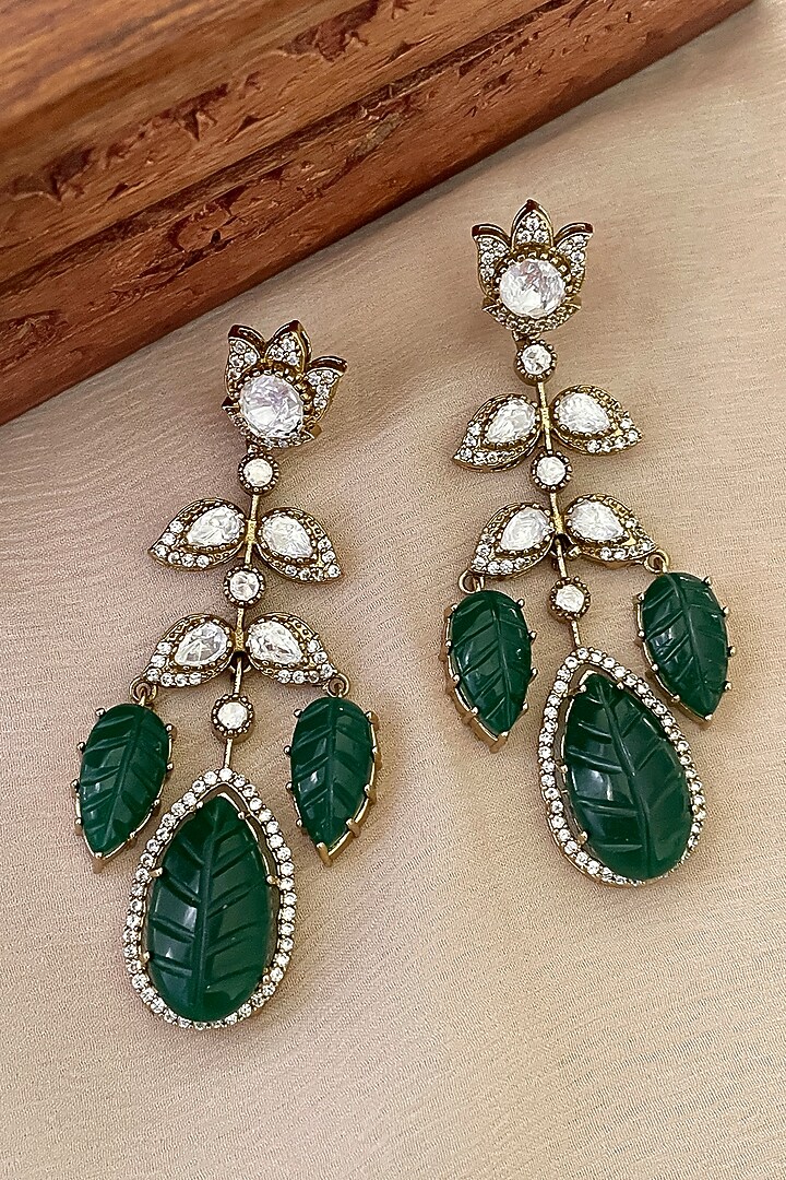 Gold Finish Kundan Polki & Green Stone Dangler Earrings by Saga Jewels at Pernia's Pop Up Shop