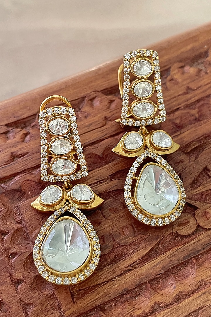 Gold Finish Kundan Polki & Zircon Dangler Earrings by Saga Jewels at Pernia's Pop Up Shop