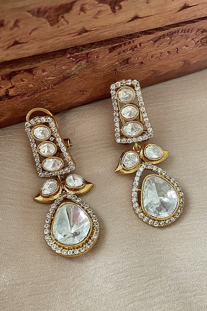 Gold Finish Kundan Polki & Zircon Dangler Earrings by Saga Jewels at Pernia's Pop Up Shop