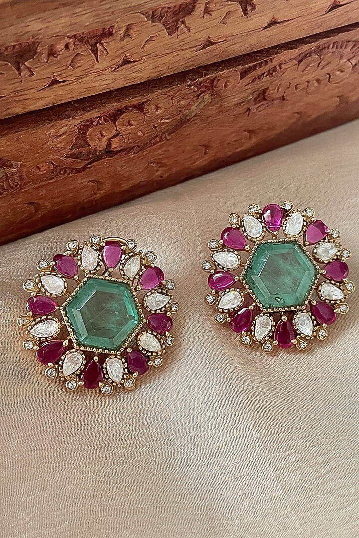 Gold Finish Multi-Colored Zircon Stud Earrings by Saga Jewels at Pernia's Pop Up Shop