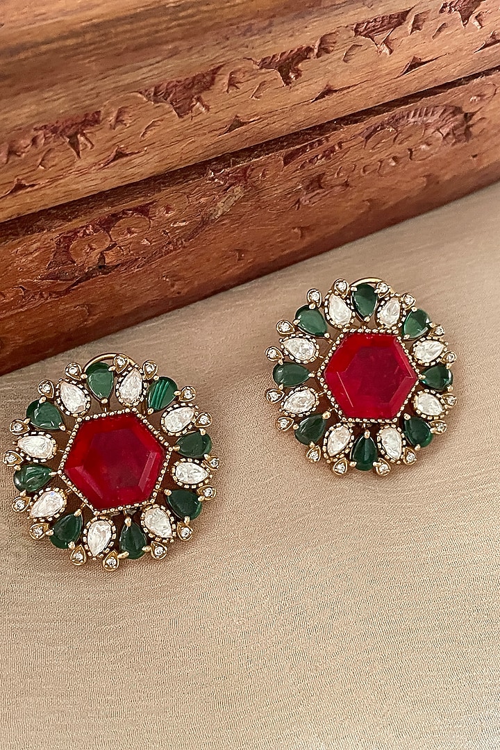 Gold Finish Multi-Colored Zircon Stud Earrings by Saga Jewels at Pernia's Pop Up Shop