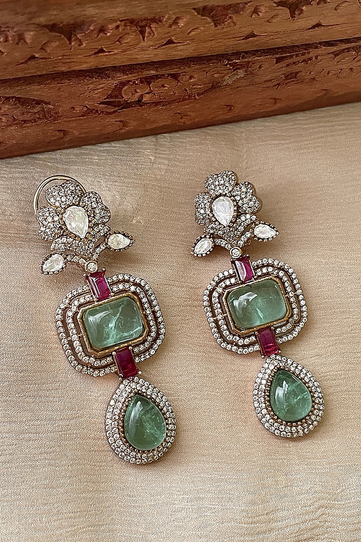 Gold Finish Green & Pink Stone Dangler Earrings by Saga Jewels at Pernia's Pop Up Shop