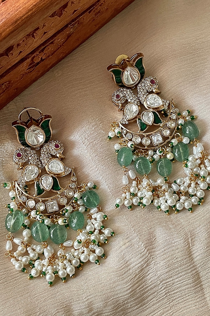 Gold Finish Green Kundan Polki & Beaded Dangler Earrings by Saga Jewels at Pernia's Pop Up Shop