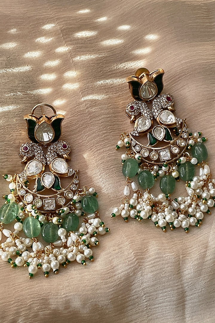 Gold Finish Green Kundan Polki & Beaded Dangler Earrings by Saga Jewels at Pernia's Pop Up Shop