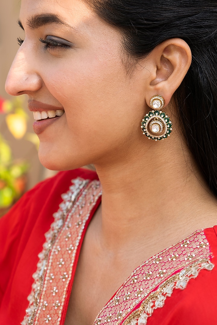 Gold Finish Kundan Polki Green Enameled Dangler Earrings by Saga Jewels at Pernia's Pop Up Shop