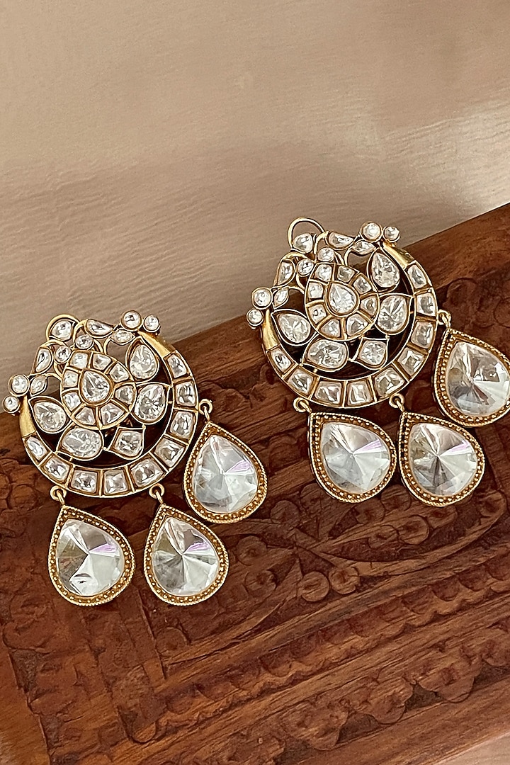 Gold Finish Kundan Polki Dangler Earrings by Saga Jewels at Pernia's Pop Up Shop