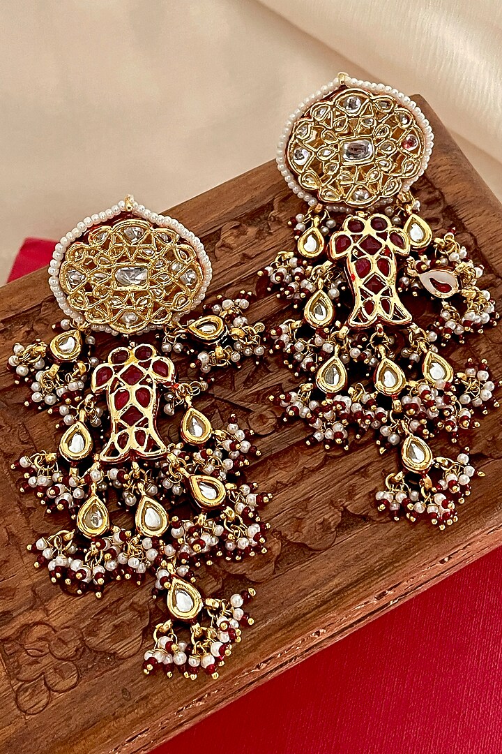 Gold Finish Red Kundan Polki Enameled Dangler Earrings by Saga Jewels at Pernia's Pop Up Shop