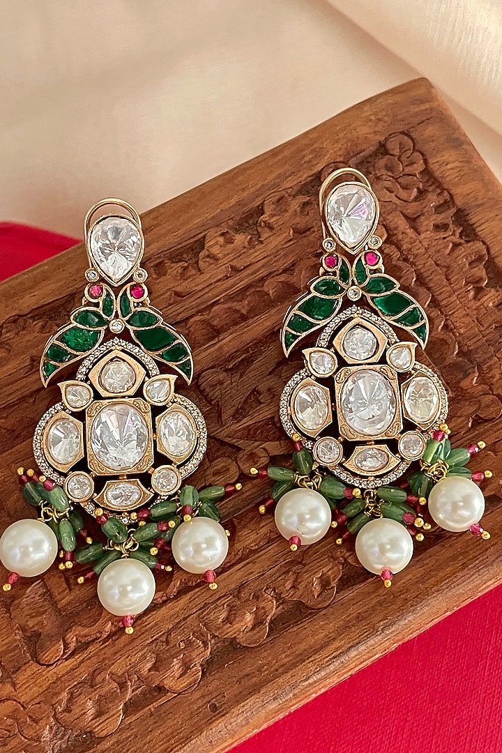 Gold Finish Parrot Motif & Green Beaded Dangler Earrings by Saga Jewels at Pernia's Pop Up Shop