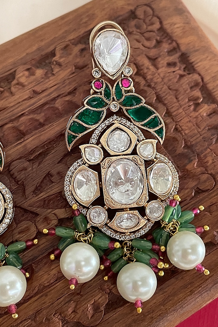 Gold Finish Parrot Motif & Green Beaded Dangler Earrings by Saga Jewels at Pernia's Pop Up Shop