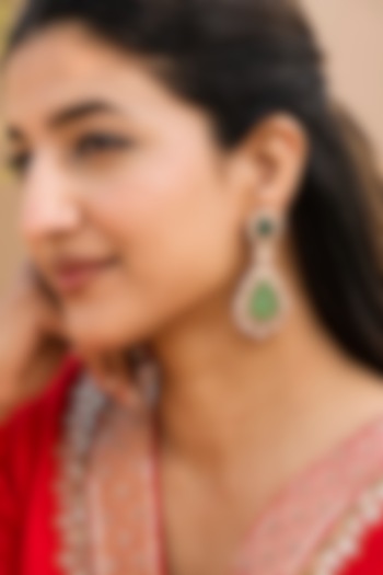 Gold Finish Kundan Polki & Green Doublet Stone Dangler Earrings by Saga Jewels at Pernia's Pop Up Shop