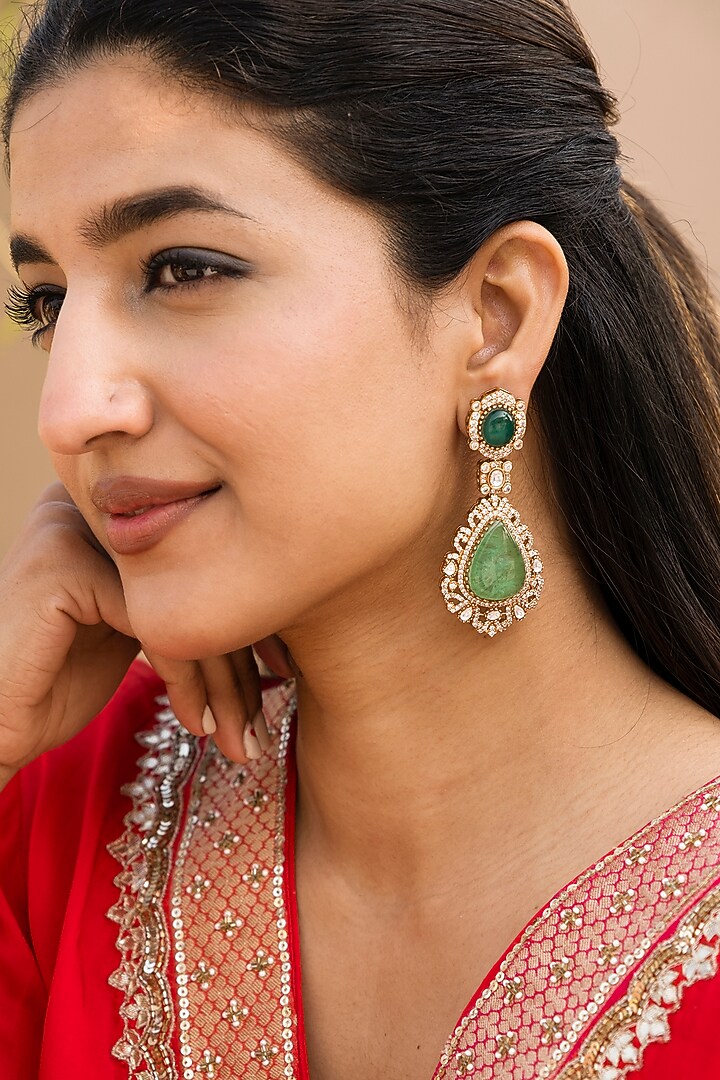 Gold Finish Kundan Polki & Green Doublet Stone Dangler Earrings by Saga Jewels at Pernia's Pop Up Shop
