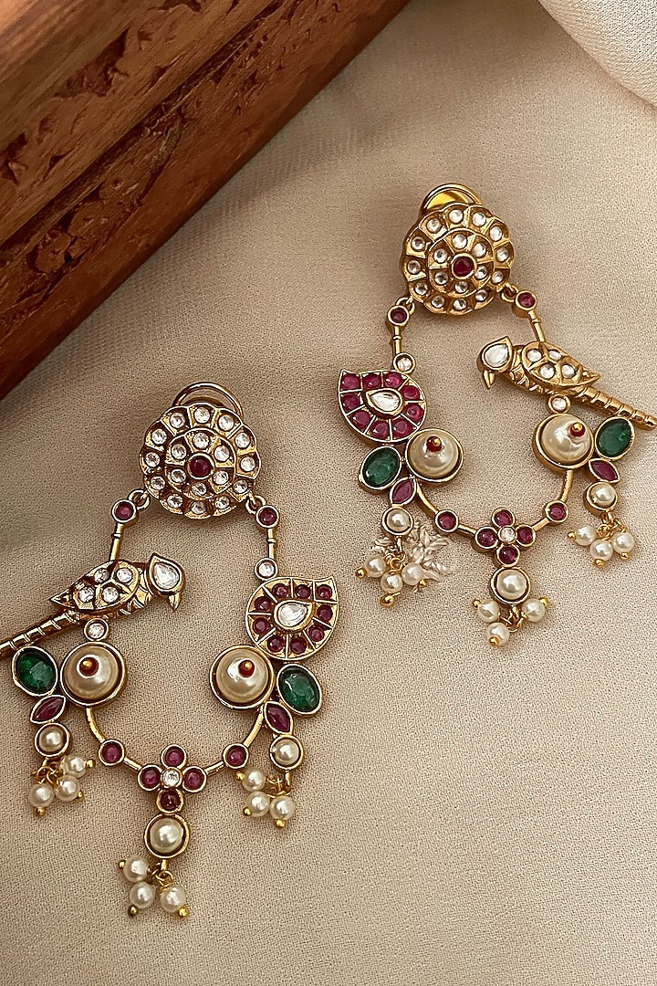 Gold Finish Bird Motifs & Kundan Polki Dangler Earrings by Saga Jewels at Pernia's Pop Up Shop