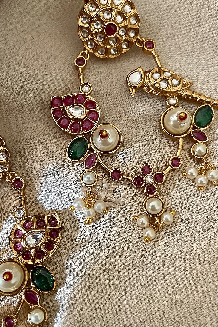 Gold Finish Bird Motifs & Kundan Polki Dangler Earrings by Saga Jewels at Pernia's Pop Up Shop