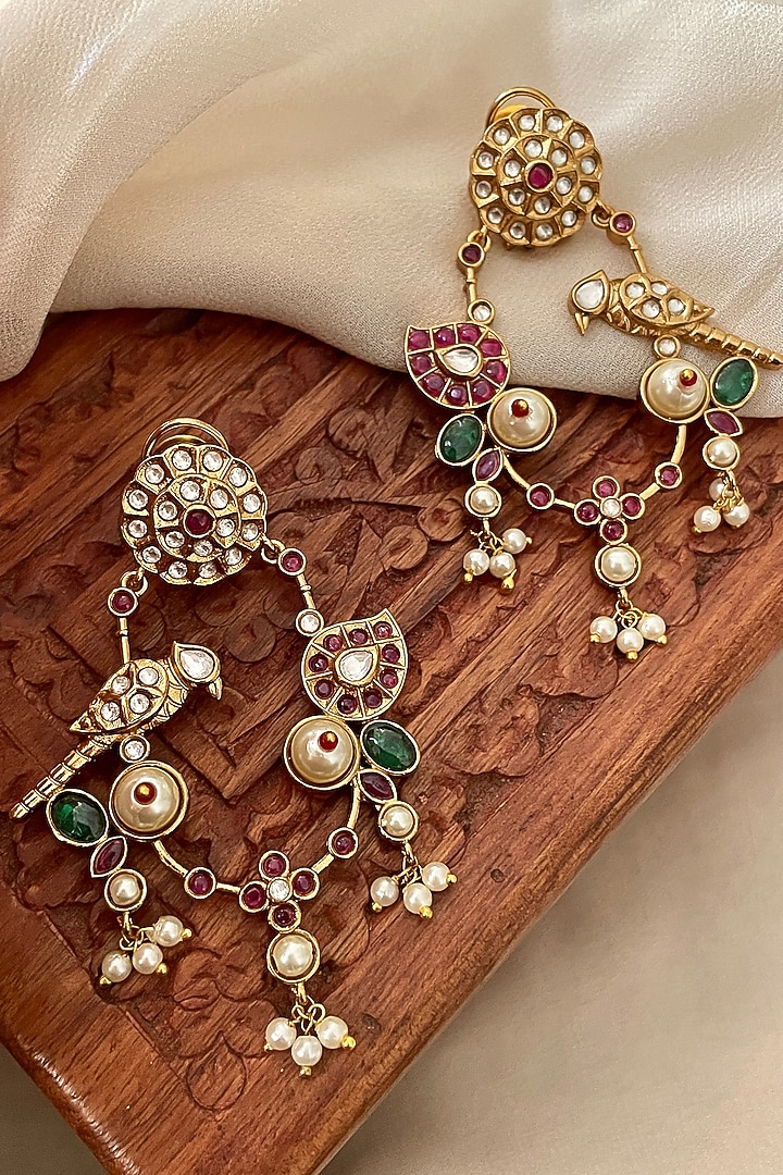 Gold Finish Bird Motifs & Kundan Polki Dangler Earrings by Saga Jewels at Pernia's Pop Up Shop