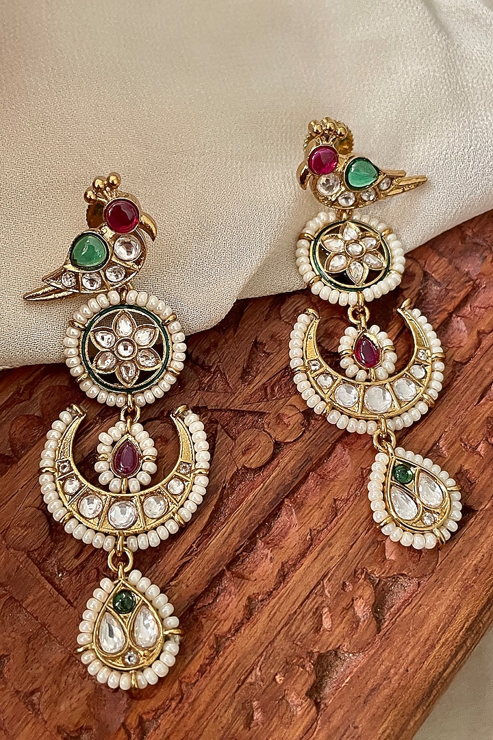 Gold Finish Bird Motif & Moissanite Polki Dangler Earrings by Saga Jewels at Pernia's Pop Up Shop