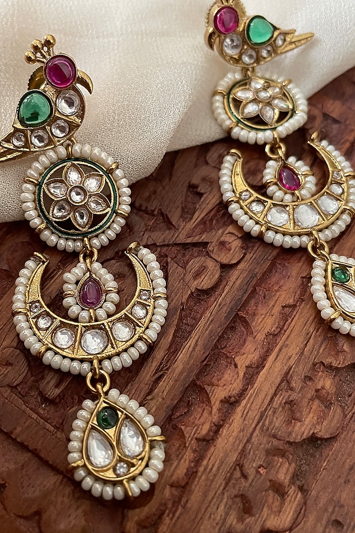 Gold Finish Bird Motif & Moissanite Polki Dangler Earrings by Saga Jewels at Pernia's Pop Up Shop