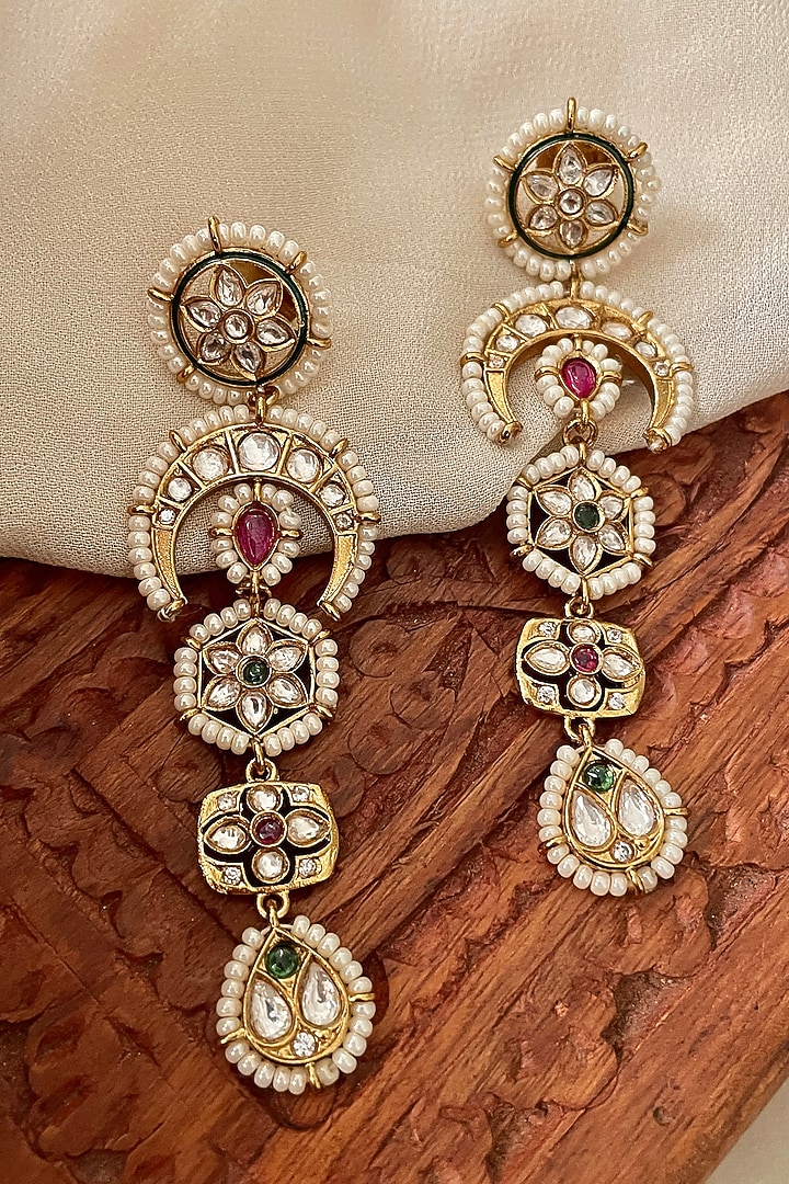 Gold Finish Kundan Polki & Pearl Dangler Earrings by Saga Jewels at Pernia's Pop Up Shop
