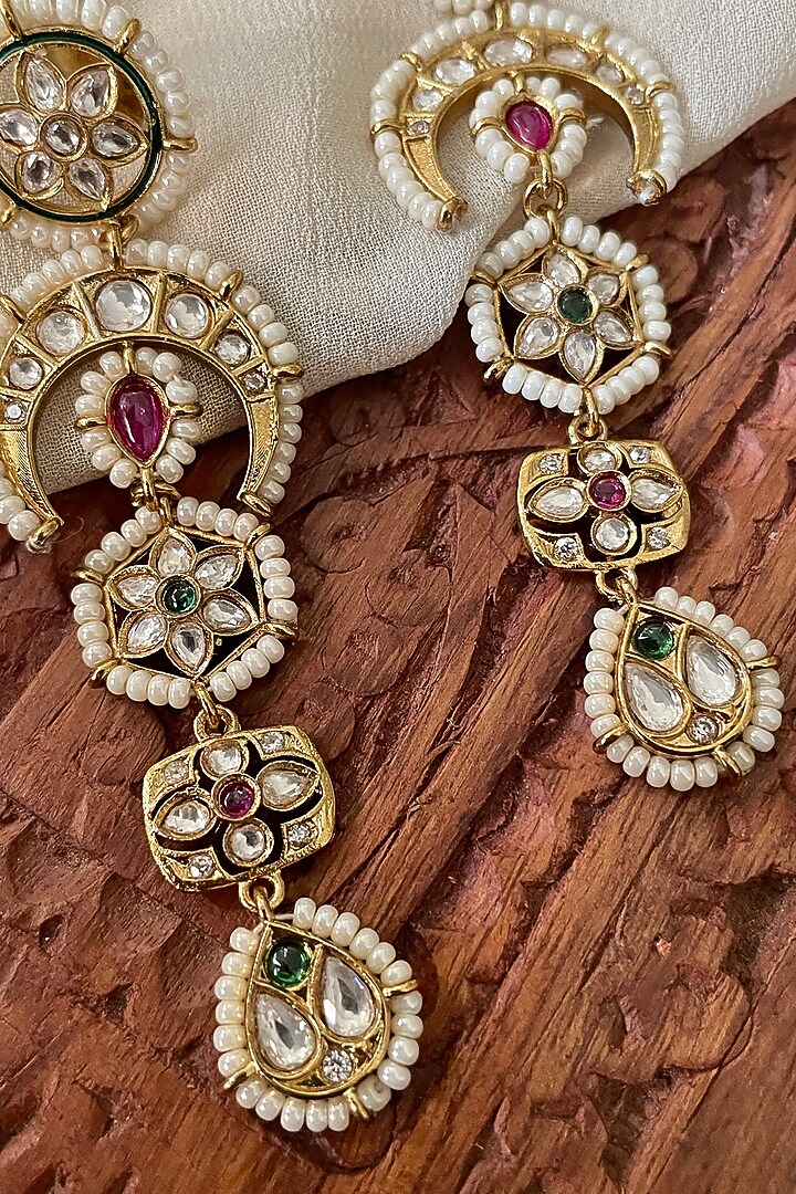 Gold Finish Kundan Polki & Pearl Dangler Earrings by Saga Jewels at Pernia's Pop Up Shop