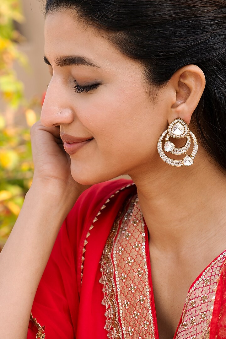 Gold Finish Kundan Polki & Zircon Chandbali Earrings by Saga Jewels at Pernia's Pop Up Shop
