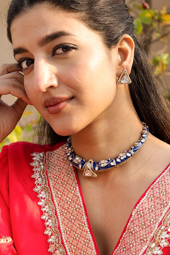 Gold Finish Kundan Polki Blue Enameled Hasli Choker Necklace Set by Saga Jewels at Pernia's Pop Up Shop