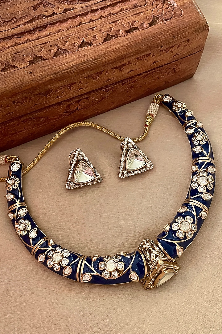Gold Finish Kundan Polki Blue Enameled Hasli Choker Necklace Set by Saga Jewels at Pernia's Pop Up Shop