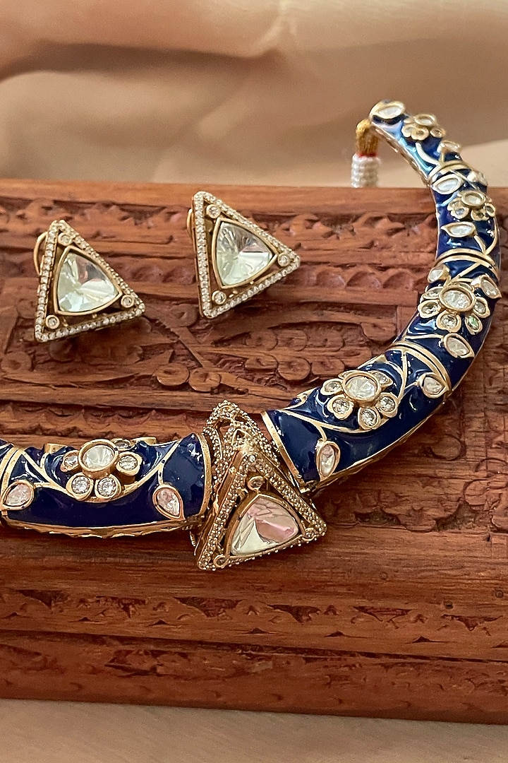 Gold Finish Kundan Polki Blue Enameled Hasli Choker Necklace Set by Saga Jewels at Pernia's Pop Up Shop