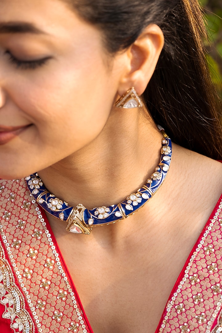 Gold Finish Kundan Polki Blue Enameled Hasli Choker Necklace Set by Saga Jewels at Pernia's Pop Up Shop