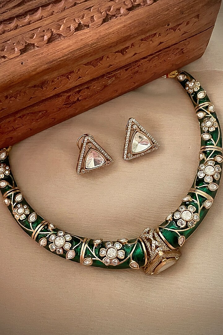 Gold Finish Kundan Polki Green Enameled Hasli Choker Necklace Set by Saga Jewels at Pernia's Pop Up Shop