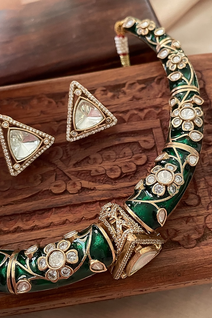Gold Finish Kundan Polki Green Enameled Hasli Choker Necklace Set by Saga Jewels at Pernia's Pop Up Shop