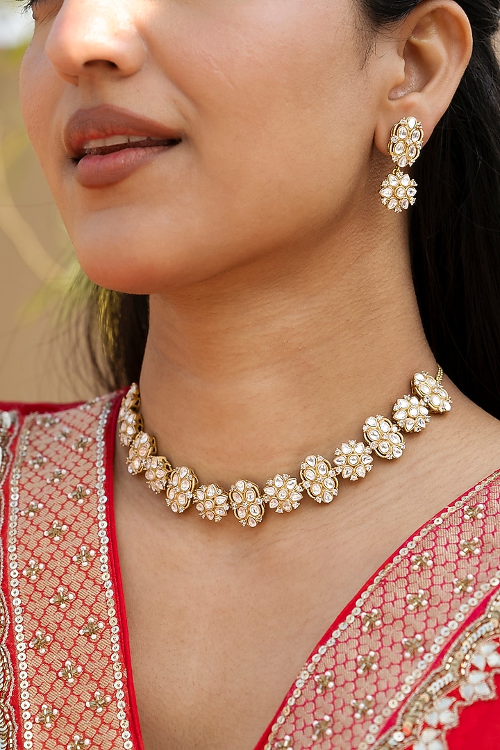 Gold Finish Moissanite Polki Choker Necklace Set by Saga Jewels at Pernia's Pop Up Shop