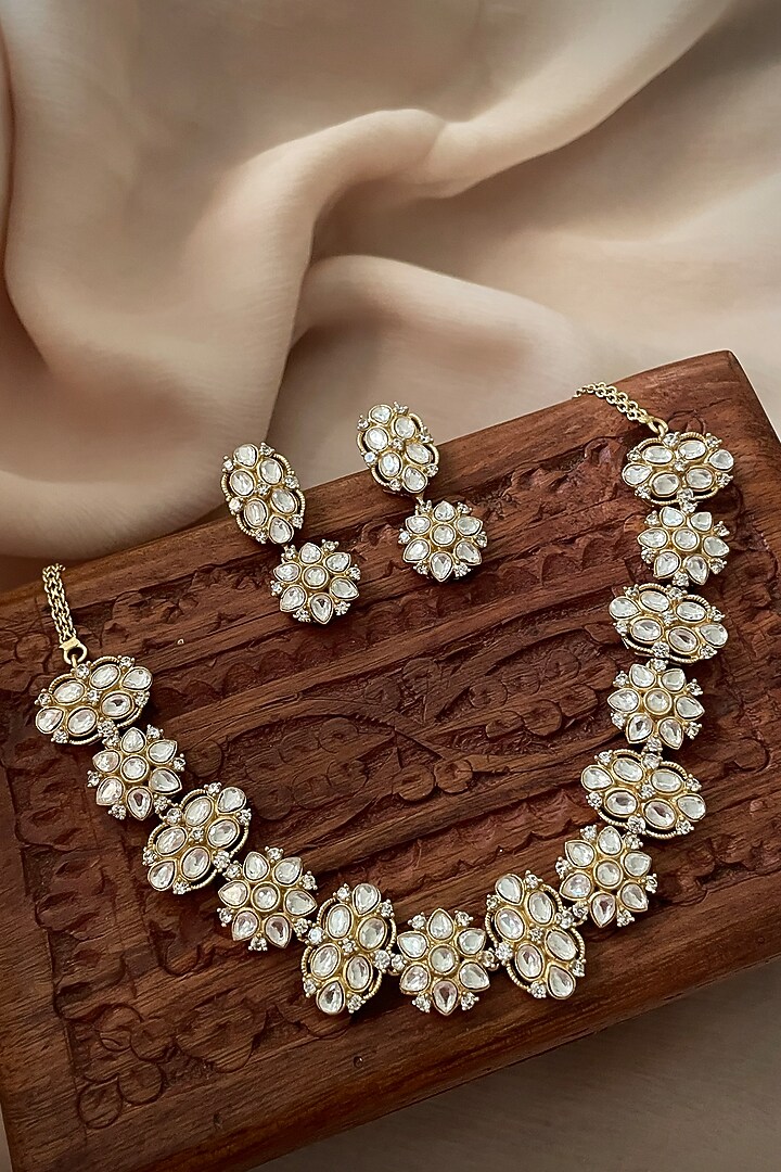 Gold Finish Moissanite Polki Choker Necklace Set by Saga Jewels at Pernia's Pop Up Shop