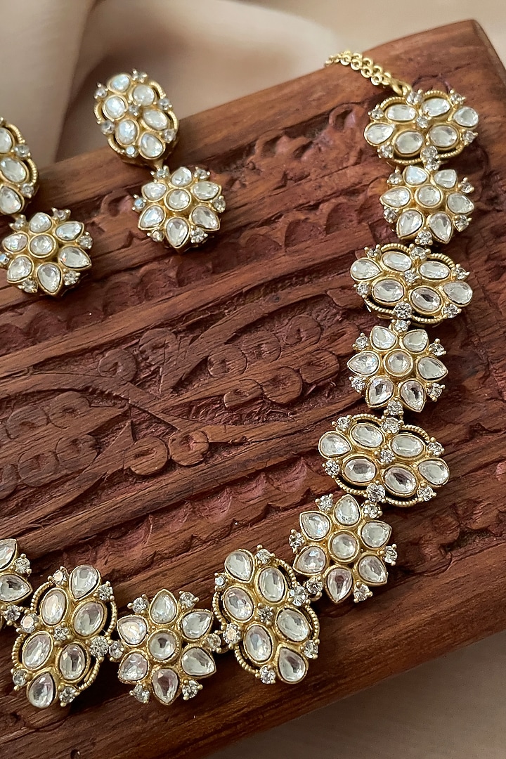Gold Finish Moissanite Polki Choker Necklace Set by Saga Jewels at Pernia's Pop Up Shop