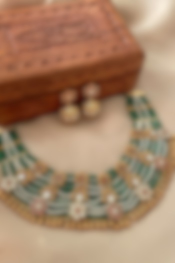 Gold Finish Kundan Polki & Green Beaded Choker Necklace Set by Saga Jewels at Pernia's Pop Up Shop
