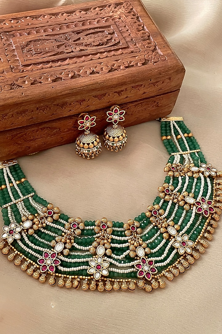 Gold Finish Kundan Polki & Green Beaded Choker Necklace Set by Saga Jewels at Pernia's Pop Up Shop