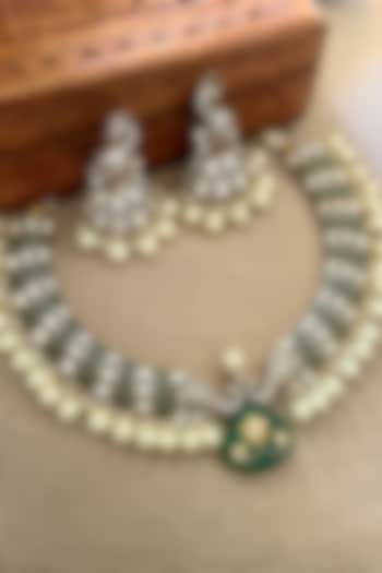 Gold Finish Kundan Polki & Emerald Beaded Choker Necklace Set by Saga Jewels at Pernia's Pop Up Shop