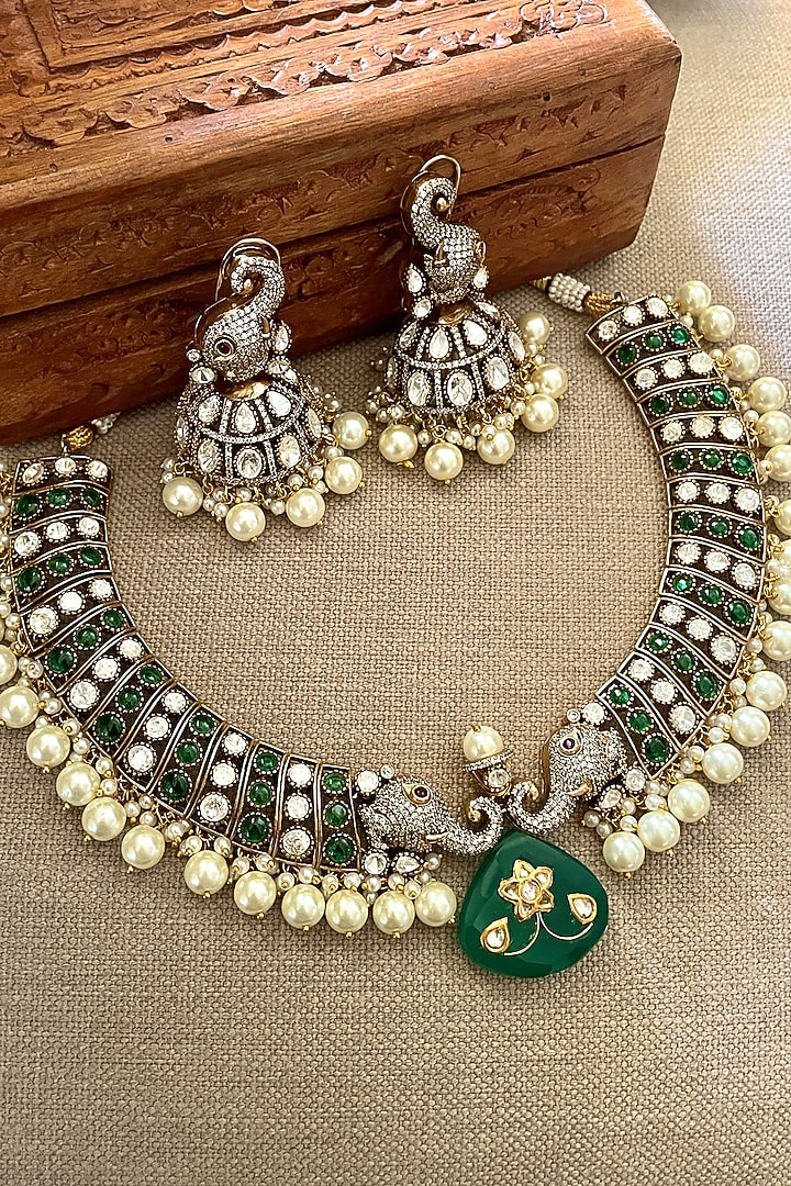 Gold Finish Kundan Polki & Emerald Beaded Choker Necklace Set by Saga Jewels at Pernia's Pop Up Shop