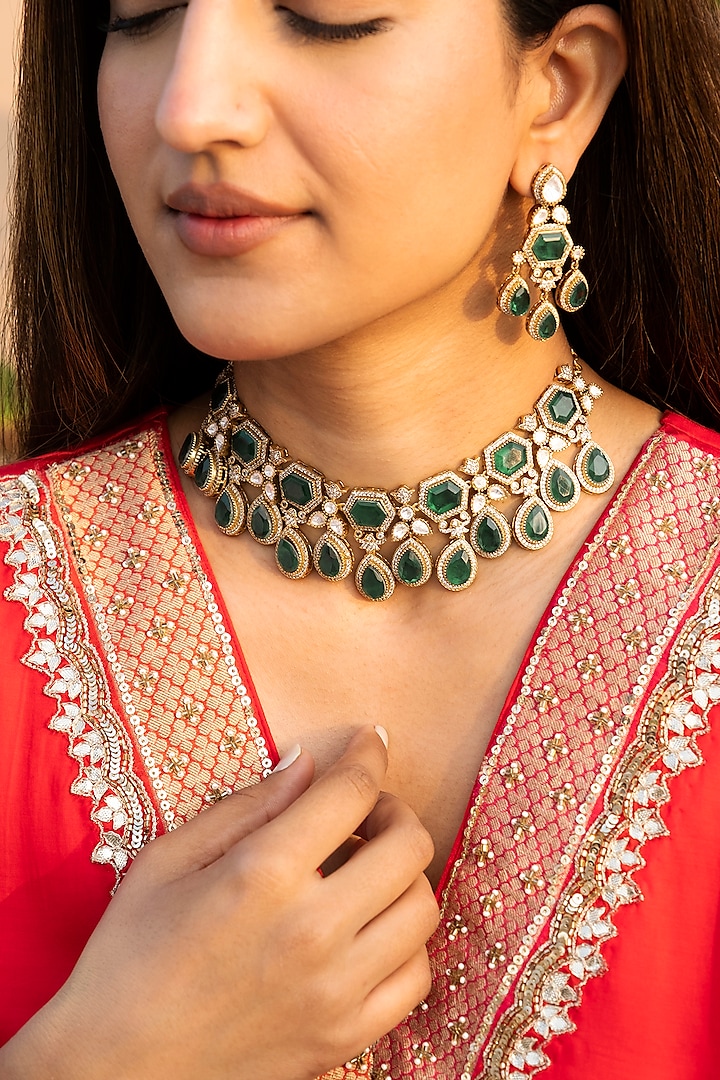 Gold Finish Green Kundan Polki Choker Necklace Set by Saga Jewels at Pernia's Pop Up Shop